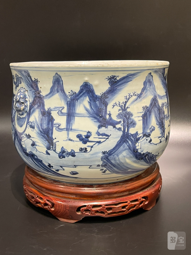 明天启 青花山水人物图铺首大炉 - 图5